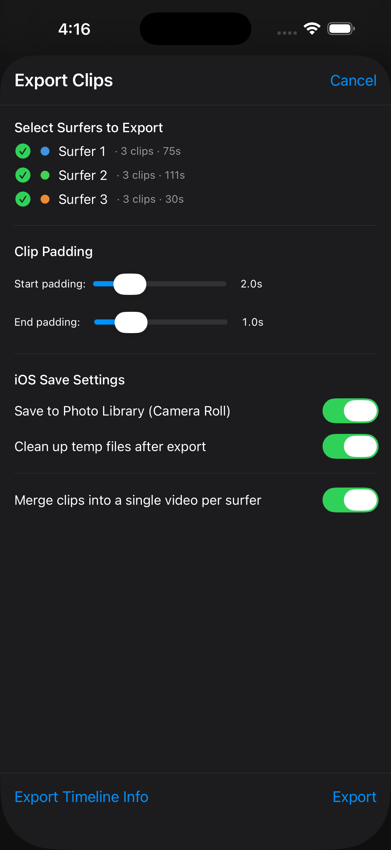 DeepSurfCut export controls for selecting surfers and clip padding