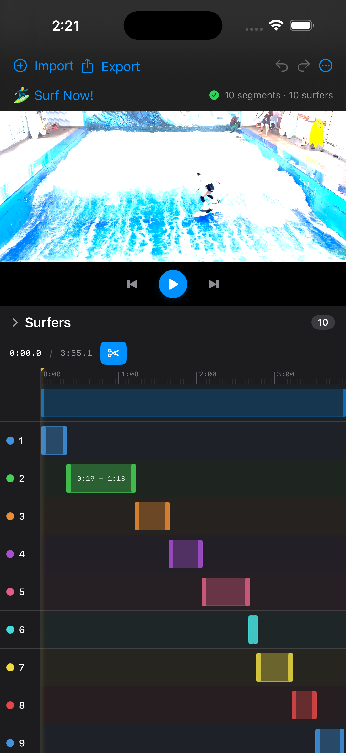 DeepSurfCut showing detected surfers on a multitrack timeline