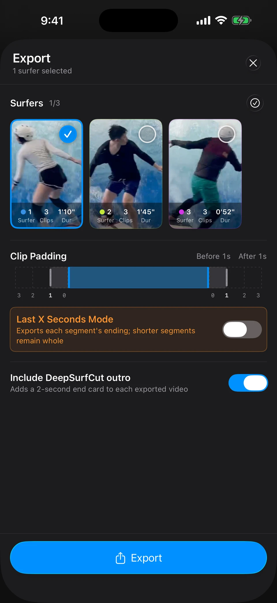 DeepSurfCut export settings with surfer selection and clip padding on a Space Black iPhone Air
