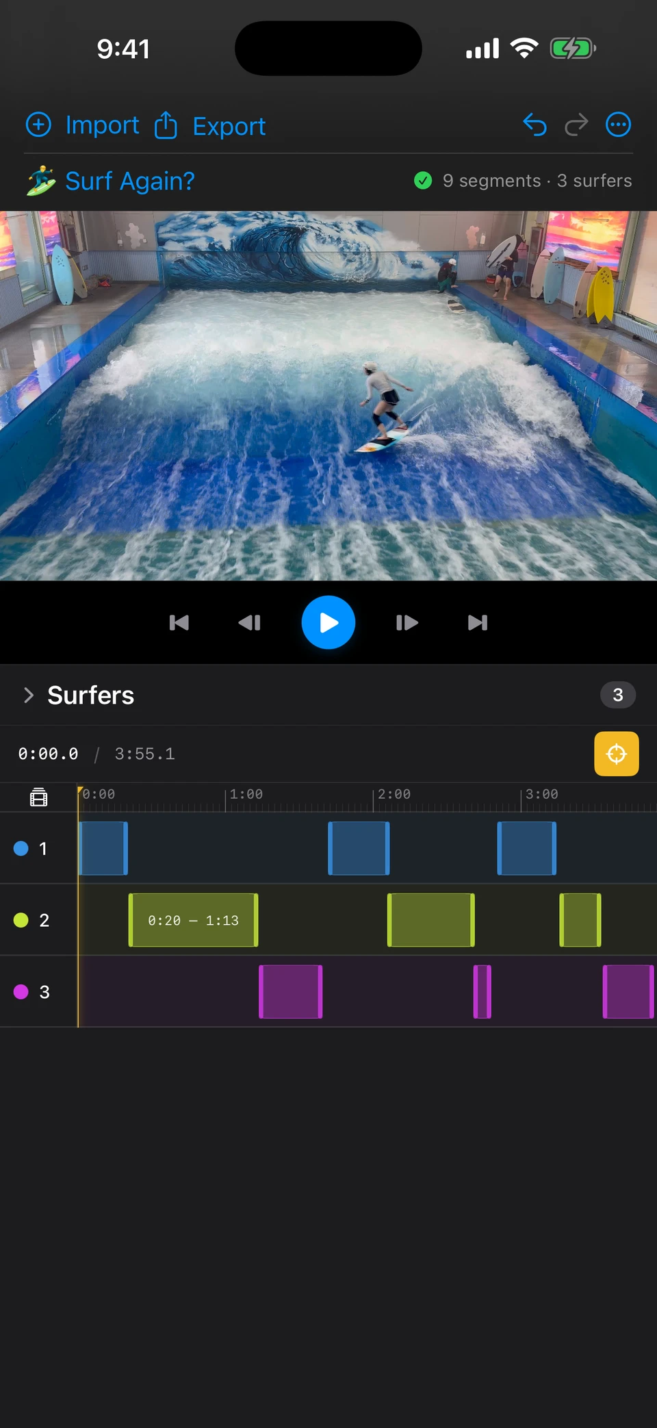DeepSurfCut on a Space Black iPhone Air: nine rides grouped into three surfer tracks