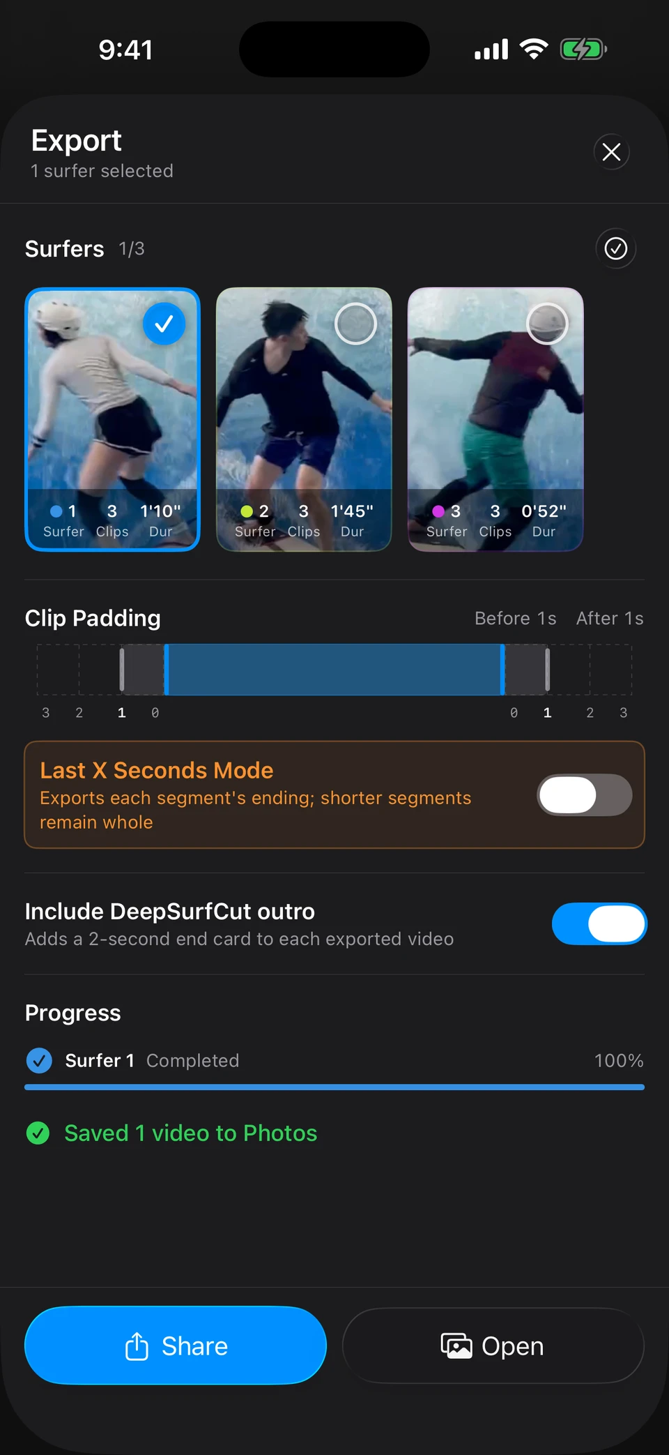 DeepSurfCut export completed with one video saved to Photos and Share and Open buttons