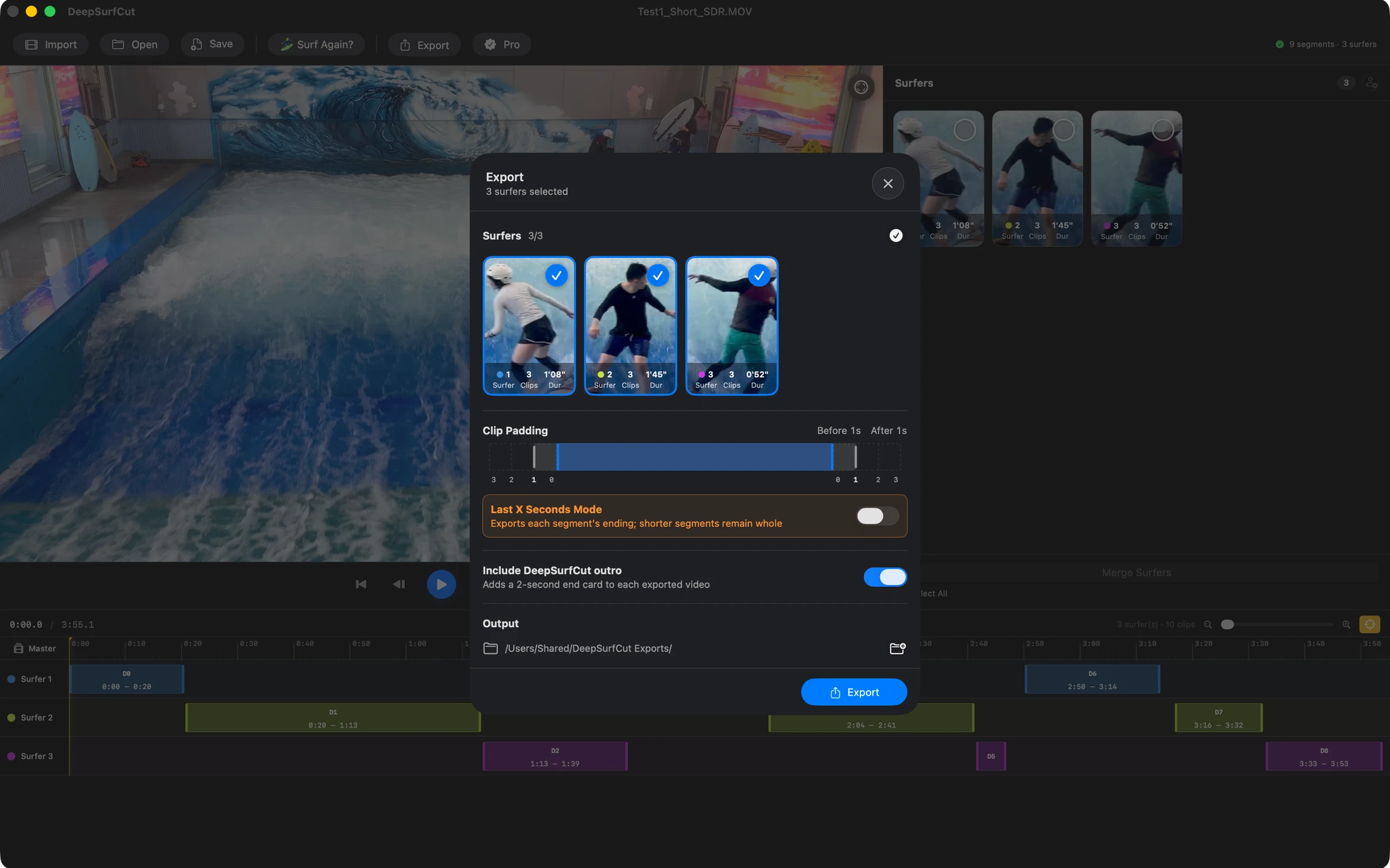 DeepSurfCut on Mac with three surfers selected and clip padding in the export panel