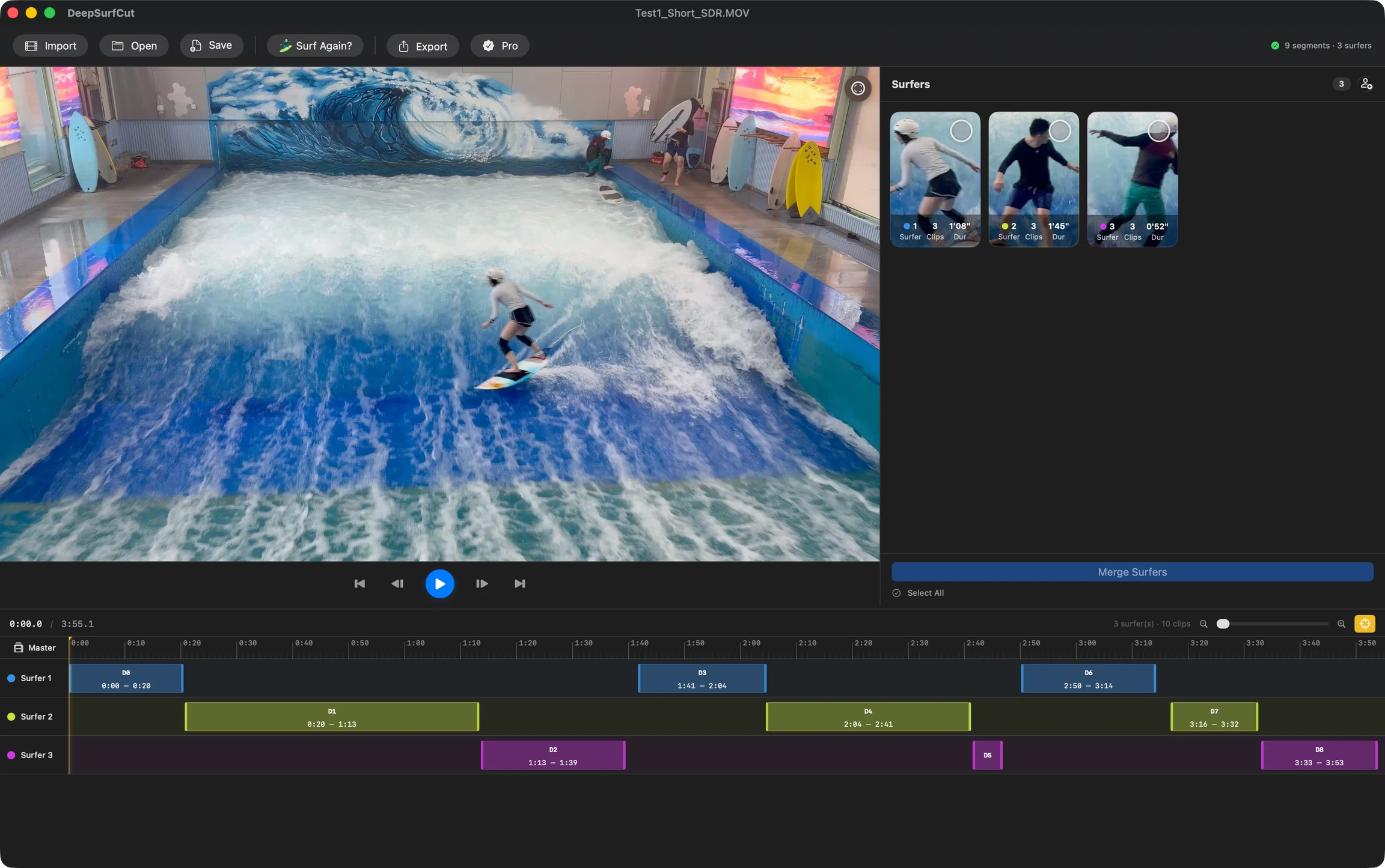 DeepSurfCut native Mac application showing the full video workspace and rider panel